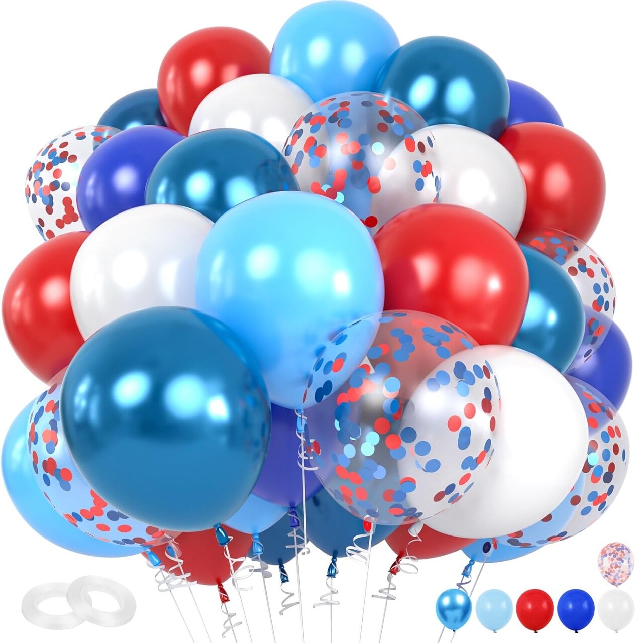 Red White and Blue Balloons, 60pcs 12 Inch Metallic and Confetti Balloons